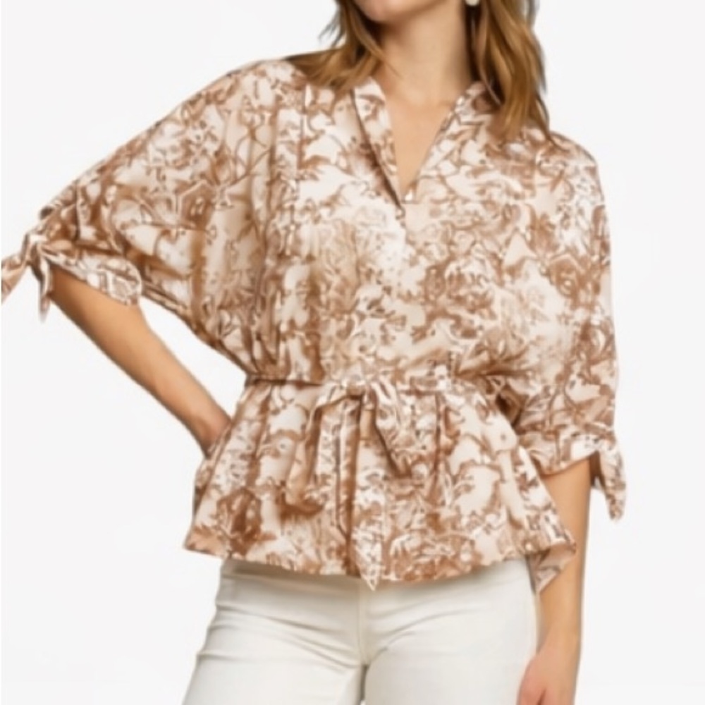 Umgee Cream and Brown Printed Tie-Waist Peplum Top